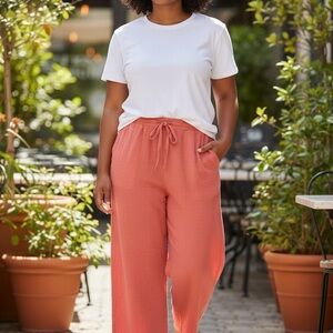 Jessica Simpson Red coral Gauze Waffle Crop Pants Elastic Waist Wide Leg XL
